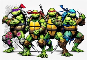 teenage mutant ninja turtles fighting in a city with floral accents tattoo idea