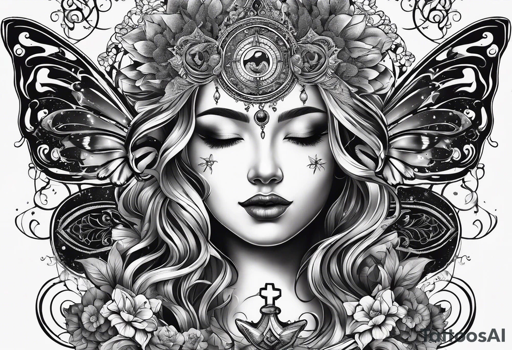 back tattoo with sun with face on left and moon with face on right but a butterfly with a cross in the middle tattoo idea