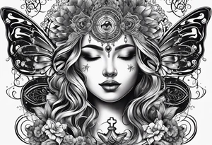 back tattoo with sun with face on left and moon with face on right but a butterfly with a cross in the middle tattoo idea