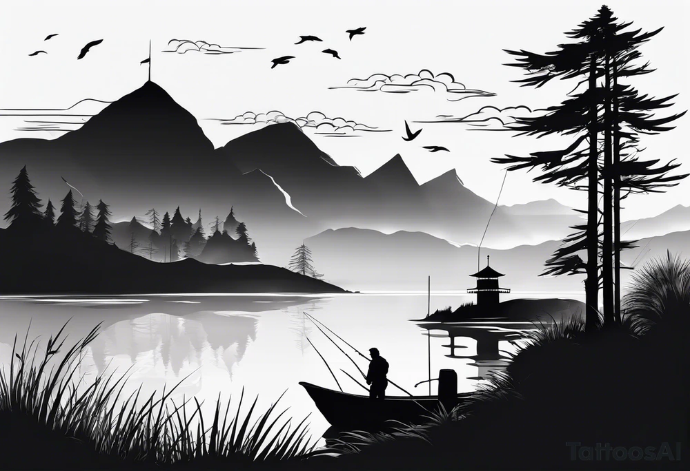 silhouette of landscape and fishingpole and line tattoo idea