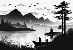 silhouette of landscape and fishingpole and line tattoo idea