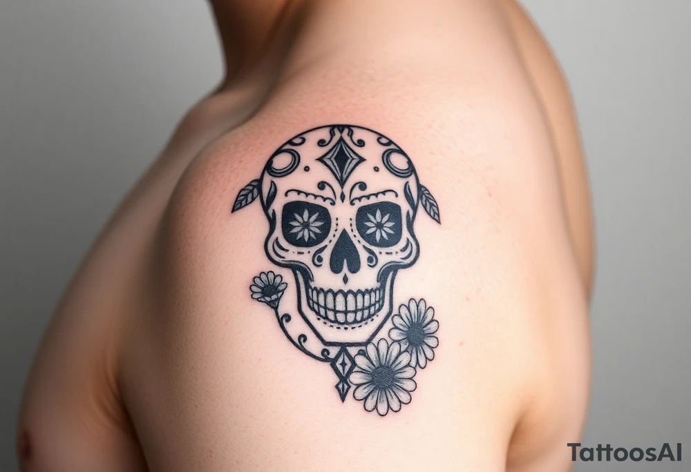 Masculine sugar skull with diamonds and daisies tattoo idea