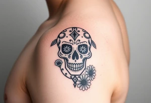 Masculine sugar skull with diamonds and daisies tattoo idea