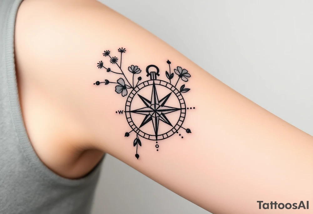 Abstract Compass with wild flowers flowing above and below the compass tattoo idea
