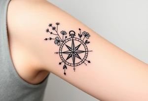 Abstract Compass with wild flowers flowing above and below the compass tattoo idea