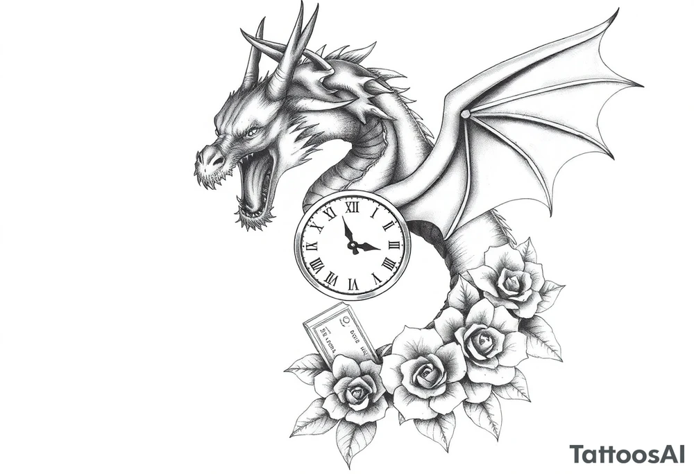 Horror dragon tattoo with clock, dollars and roses on background tattoo idea