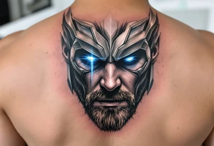 A close-up of Thor’s face from Endgame, with battle scars, glowing blue eyes, and Stormbreaker raised, in hyper-realistic shades of blue, silver, and deep red. tattoo idea