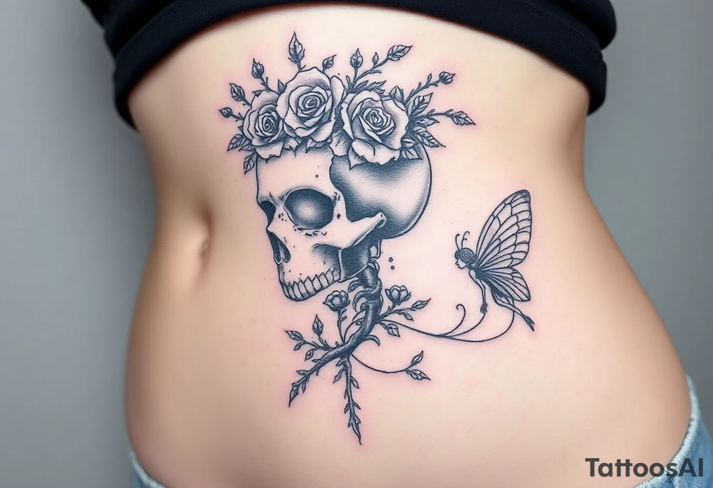 A night of the dead  skull adorned with crown of wild roses and thorns with a beautiful fairy with a young fairy following behind tattoo idea