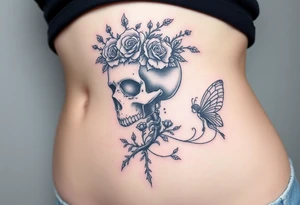 A night of the dead  skull adorned with crown of wild roses and thorns with a beautiful fairy with a young fairy following behind tattoo idea