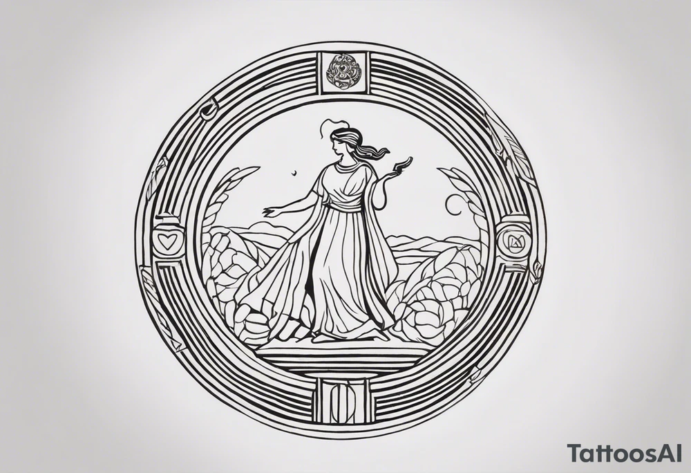 "Craft a minimalist round tattoo inspired by ancient Greek art, centered around Clio, the muse of history. Design a circular composition featuring Clio depicted in the center, holding a scroll adorned with historical symbols or inscriptions. Surround her with subtle yet meaningful elements such as ancient architectural motifs, symbolic representations of ancient civilizations, or fragments of historical texts. Ensure the design maintains a minimalist aesthetic with clean lines and limited detail, while capturing the essence of Clio's dedication to preserving and inspiring the study of history within the circular frame." tattoo idea