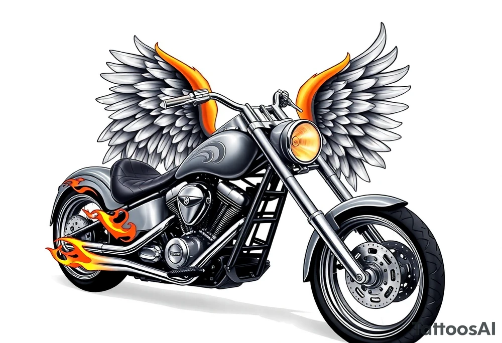 Low rider grey motorcycle, flames, angel wings tattoo idea