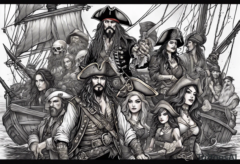 sexy female pirates with a group of skull pirates and a sea monster tattoo idea