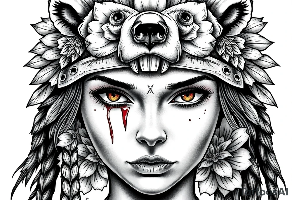 Young Symmetrical Beautiful Woman, looking forward, with colored eyes, shedding a tear, with battle scars and blood on face, with soft look, wearing a mean looking bear headdress on head, with dead flower background tattoo idea