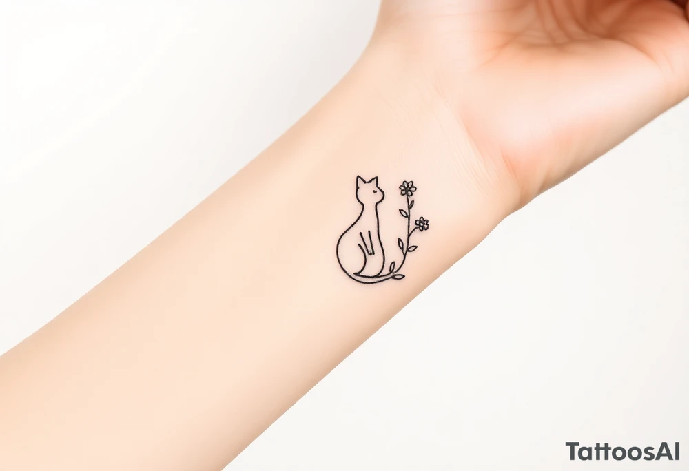 Line tattoo of a cat figure combining into a flower stem with a cute flower tattoo idea