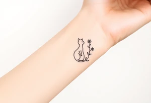 Line tattoo of a cat figure combining into a flower stem with a cute flower tattoo idea