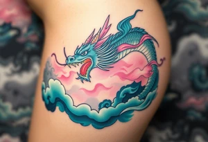 fierce dragon breathing iridescent fire against stormy skies green teal pink tattoo idea
