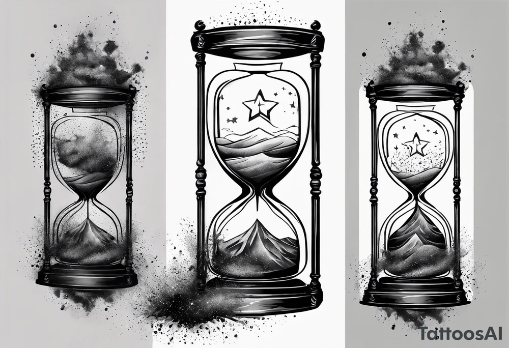 Hour glass with star stuff and cosmic dust exploding from each side. Long tattoo to fit on the forearm tattoo idea