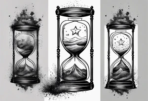 Hour glass with star stuff and cosmic dust exploding from each side. Long tattoo to fit on the forearm tattoo idea