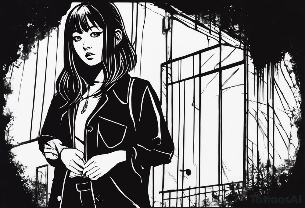 portrait of tomie standing up a character by the horror manga author junji ito full body standing murderously. add more horror and gore elements tattoo idea