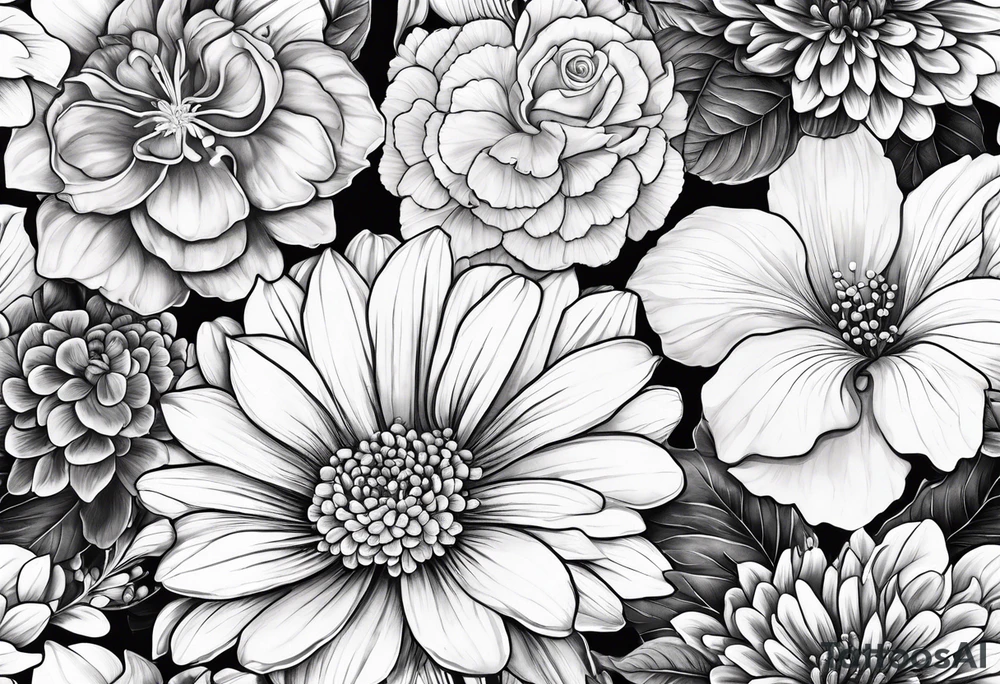 Begonia flower, hydrangeas, marigolds, gerber daisies, roses, lily tattoo idea