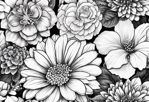 Begonia flower, hydrangeas, marigolds, gerber daisies, roses, lily tattoo idea
