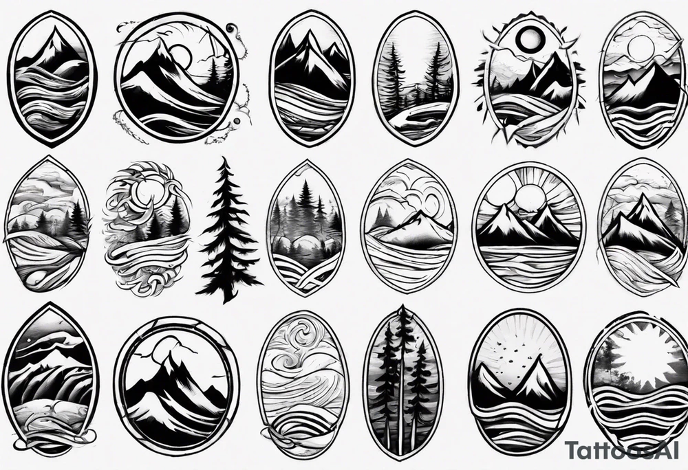 sleeve, mountains, waves, sun, trees tattoo idea