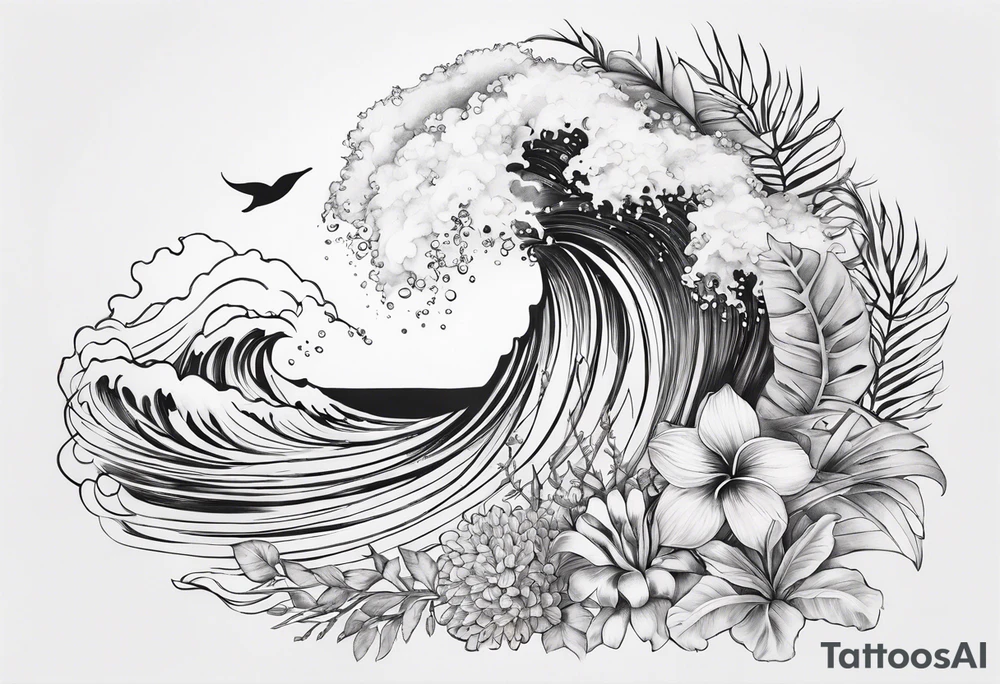 wave,, flower, palm, sea animal tattoo idea