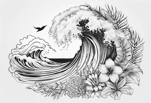 wave,, flower, palm, sea animal tattoo idea