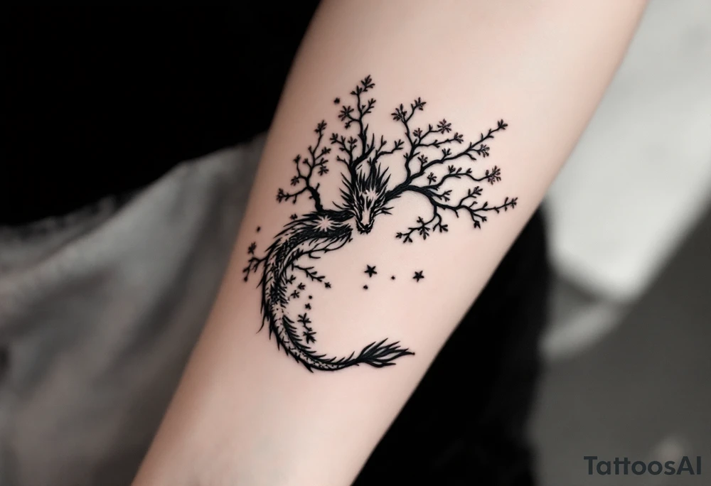 dragon japanese style sakura trees nebula tattoo idea