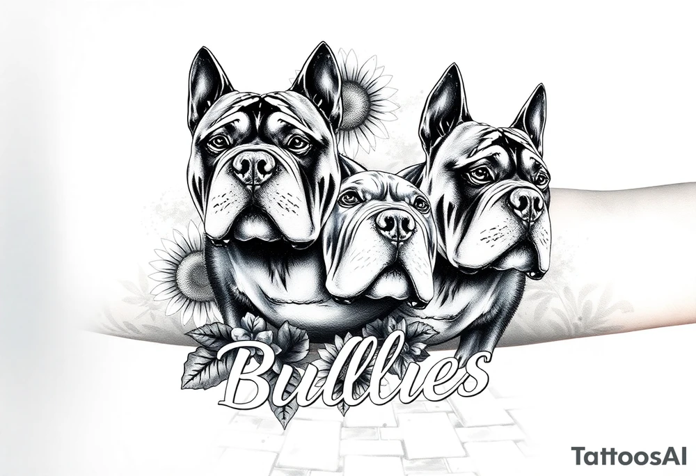 A few muscular thick American bullies
And in the background and as filler incorporate sunflowers, an old road made from pavers the words Mountain State Bullies tattoo idea