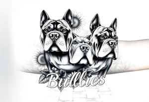A few muscular thick American bullies
And in the background and as filler incorporate sunflowers, an old road made from pavers the words Mountain State Bullies tattoo idea