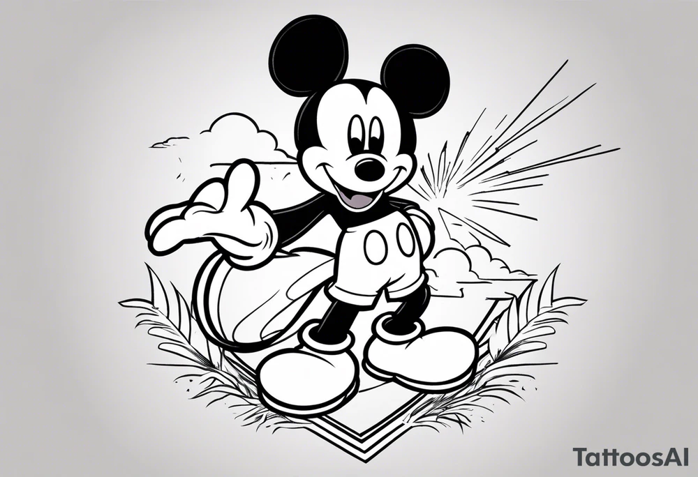 mickey mouse holding lightning with palm trees doing martial arts at the disney castle tattoo idea