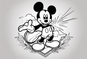 mickey mouse holding lightning with palm trees doing martial arts at the disney castle tattoo idea