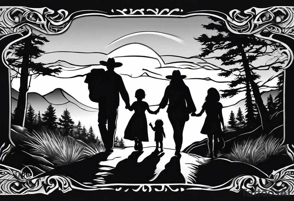 A shadow of a family of four walking through the Pacific northwest landscape. Father, Wife, Son, daughter.
 Faith centered and add Mexican culture .  Add border with importance of faith tattoo idea