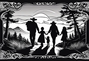 A shadow of a family of four walking through the Pacific northwest landscape. Father, Wife, Son, daughter.
 Faith centered and add Mexican culture .  Add border with importance of faith tattoo idea