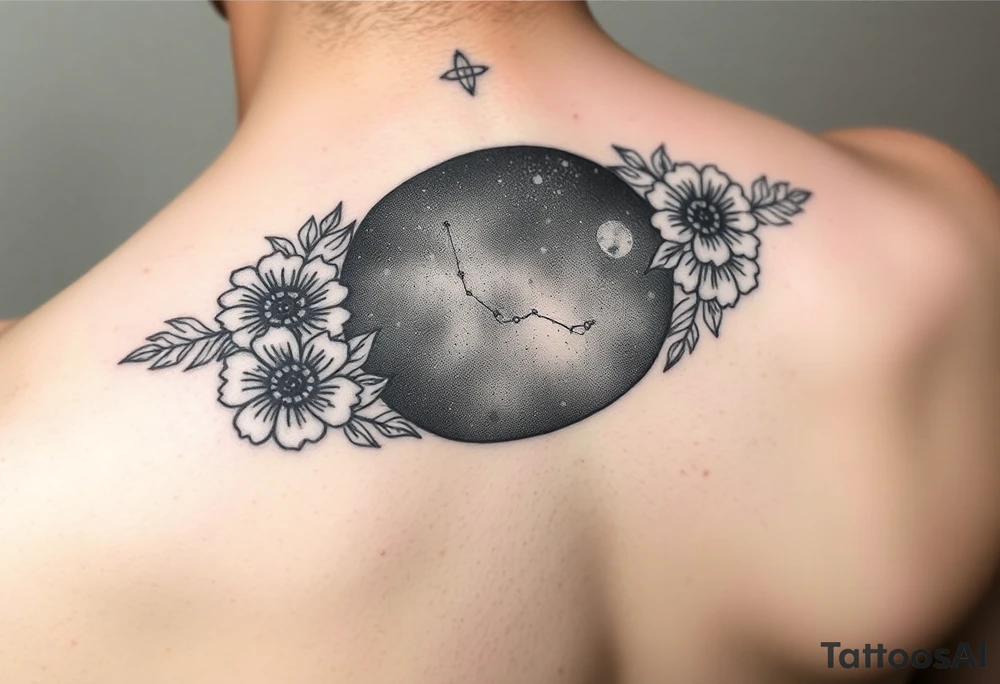 Night sky with a constellation seen through a floral frame tattoo idea Night sky with a constellation seen through a floral frame tattoo idea