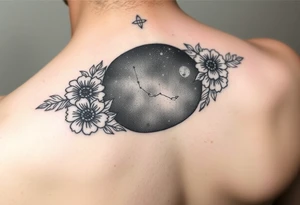 Night sky with a constellation seen through a floral frame tattoo idea