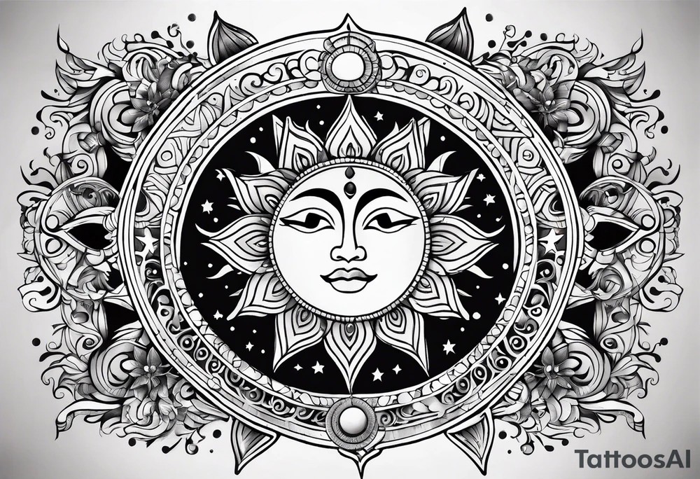 Mexican Sun and moon. long rectangular sternum swirls and dots and stars tattoo idea