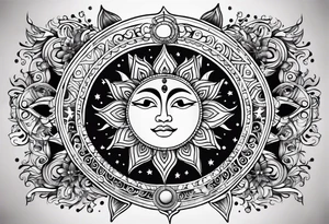 Mexican Sun and moon. long rectangular sternum swirls and dots and stars tattoo idea