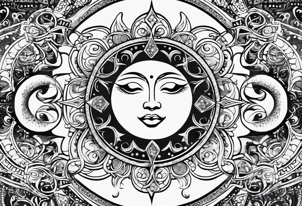 Feminine Sun and moon. long rectangular sternum swirls with dots and stars tattoo idea