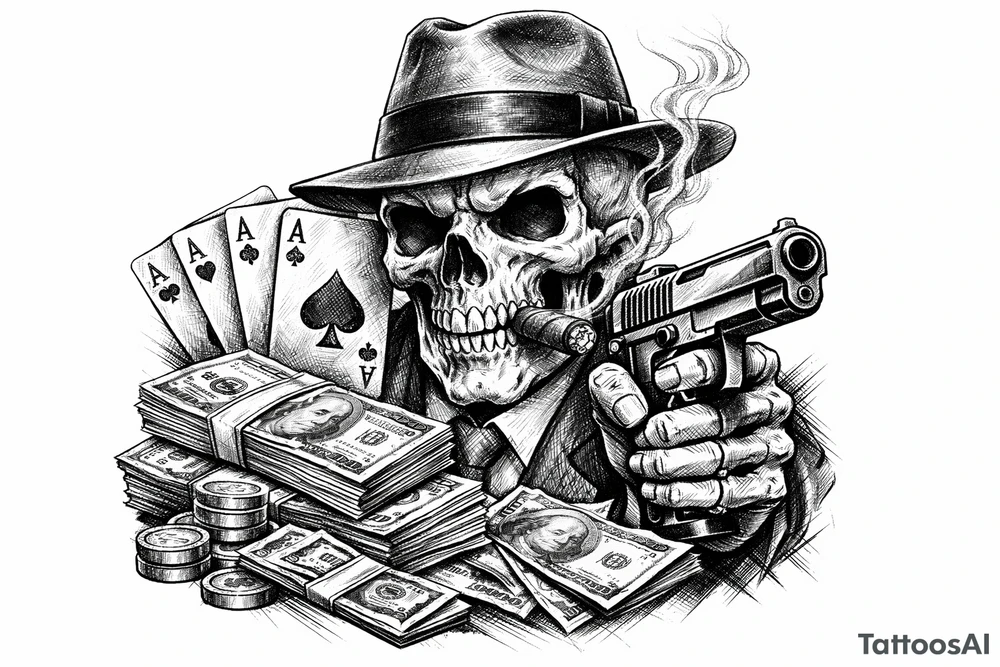 skull with gangster-hat,cigar in his mouth,a gun in a hand,playing cards,a lot of money. tattoo idea