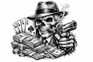 skull with gangster-hat,cigar in his mouth,a gun in a hand,playing cards,a lot of money. tattoo idea