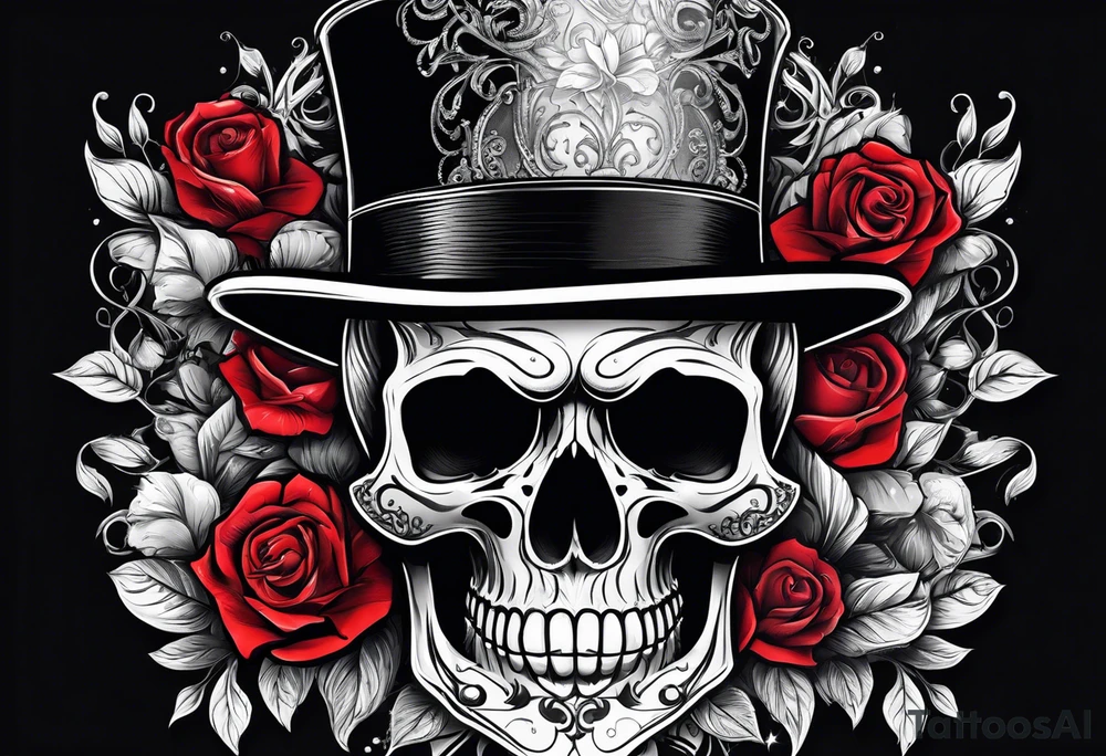 Gothic skull in top hat wrapped in roses tattoo idea