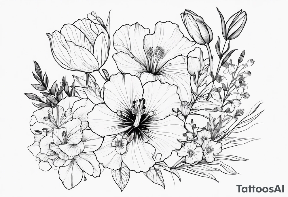 Verticle arm placement of dainty hibiscus, TULIPS, LILLIES, DRAGONflower, with wildflowers, poppy, complimentary flowers, bees, peony, forearm tattoo idea