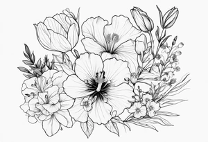 Verticle arm placement of dainty hibiscus, TULIPS, LILLIES, DRAGONflower, with wildflowers, poppy, complimentary flowers, bees, peony, forearm tattoo idea
