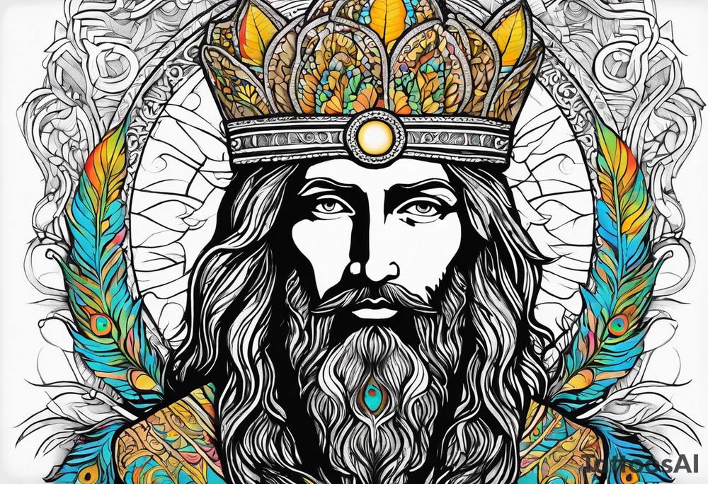 flat stern byzantine Christ with all-demanding eyes with a halo made of peacock feathers and pecan trees tattoo idea