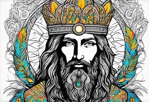 flat stern byzantine Christ with all-demanding eyes with a halo made of peacock feathers and pecan trees tattoo idea