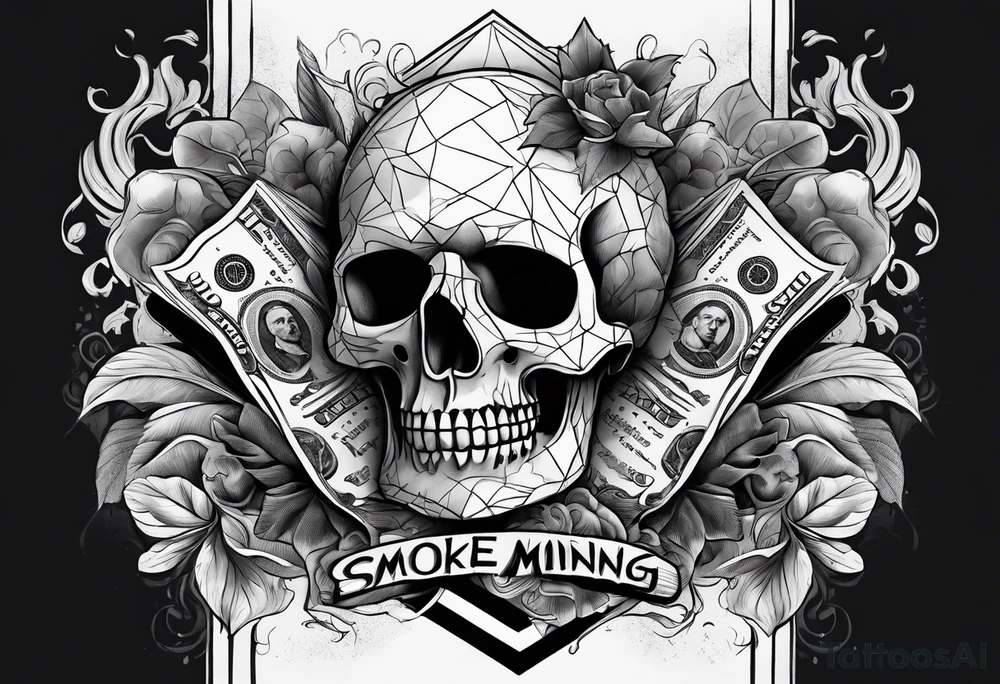 Smoke rising money stacks Savage letters skulls tattoo idea