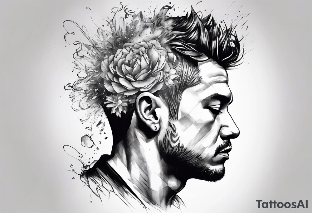 Man’s head exploding with thoughts and ideas portrait tattoo idea Man’s head exploding with thoughts and ideas portrait tattoo idea