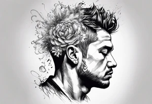 Man’s head exploding with thoughts and ideas portrait tattoo idea